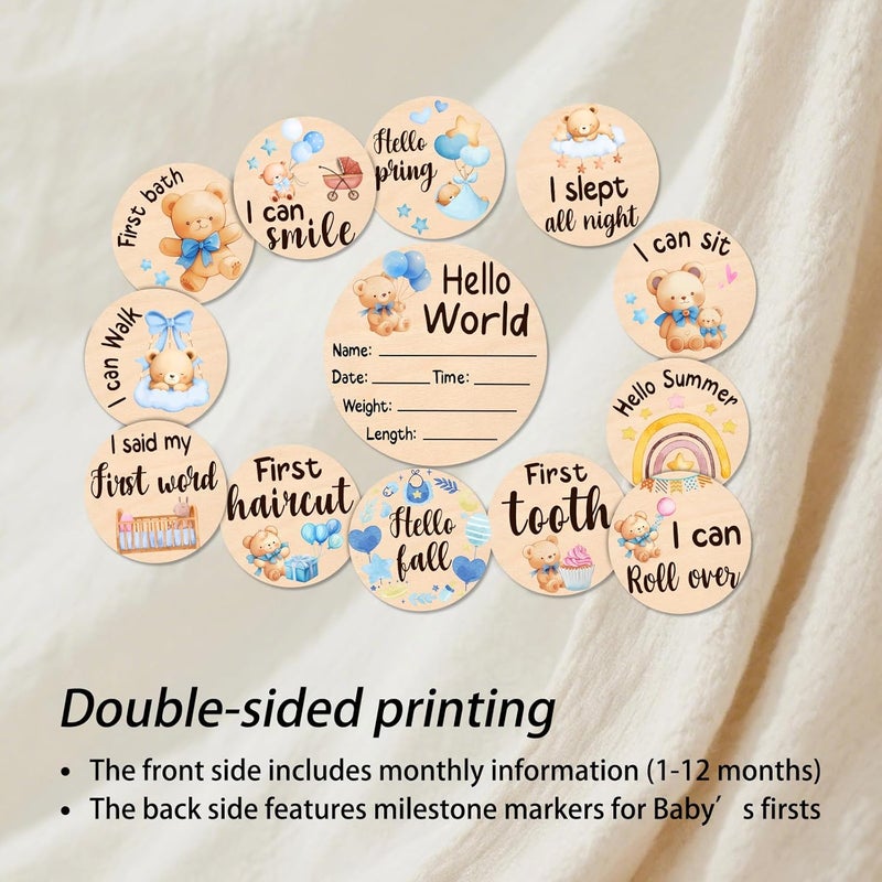 MCIAONE Baby Monthly Milestone Cards - 13 Double-Sided Wooden Milestone Signs Discs with Bear & Star Designs, Little Bears Birth Announcement Cards for Photo Props(0-12 Months), Newborn Sign Baby Shower/Gift - Image 5